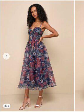 Cherished Aura Navy Blue Floral Organza Bustier Midi Dress